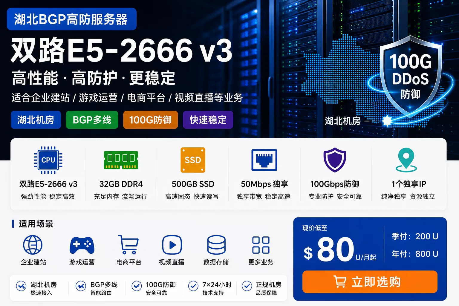 湖北BGP高防服务器｜双路E5-2666 v3｜32G内存｜500G SSD｜100G防御