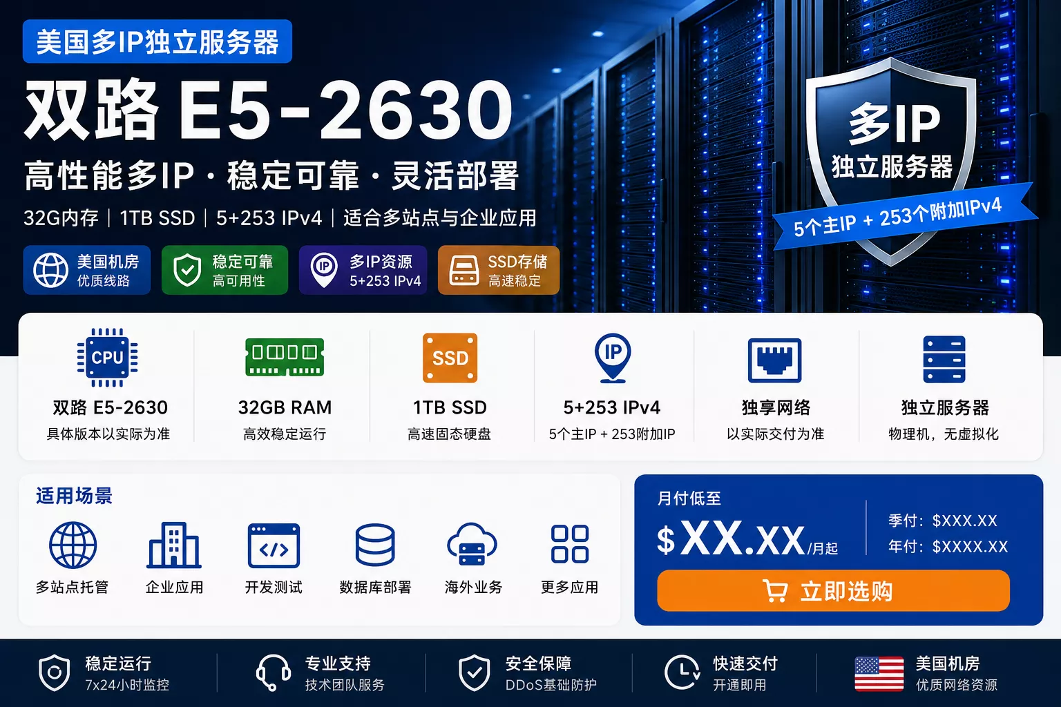 美国多IP独立服务器｜双路E5-2630｜32G内存｜1TB HDD｜5+253 IPv4