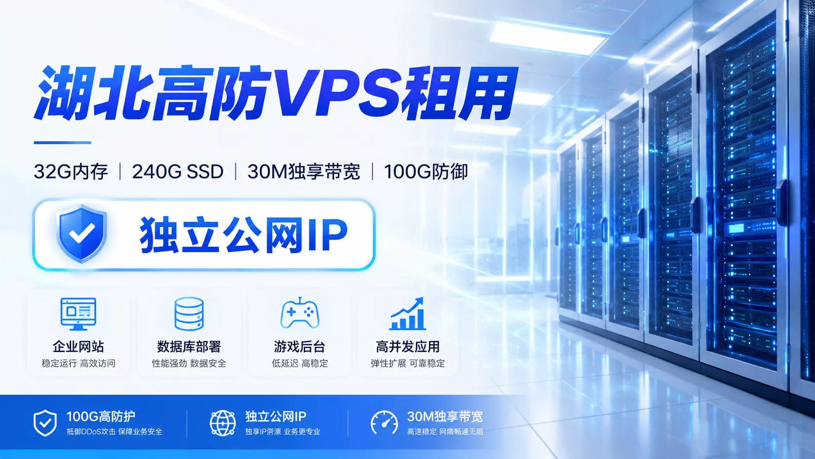 湖北高防VPS租用｜32G内存｜240G SSD｜30M独享带宽｜100G防御